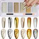 2 x Gold Silver Chrome Nail Powder, 6 Colors Holographic Unicorn Iridescent Nail Chrome Powder, Metallic Mirror Effect Light Gold Champagne Chrome Powder Palette Pigment Glitter for Nail Art