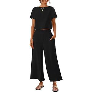 No Brand Women's 2 Piece Outfits Linen Short Sleeve Crop Top and Wide Leg Pants Lounge Matching Set Tracksuits Trendy Clothes Black S
