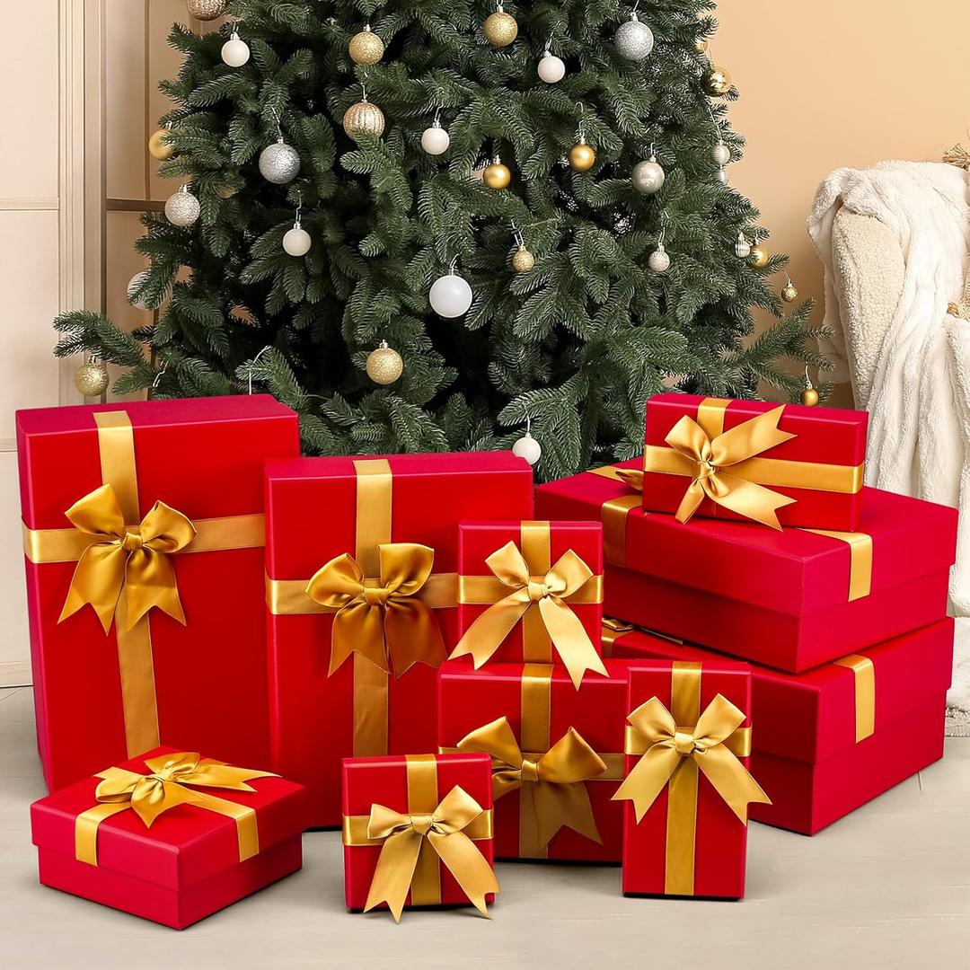 Tenceur 10 Pcs Gift Boxes with Lids Heavy Duty Nested Assorted Sizes Cardboard Gift Boxes for Presents with Ribbon for Xmas Holiday Present(Red, Gold,5 Size)