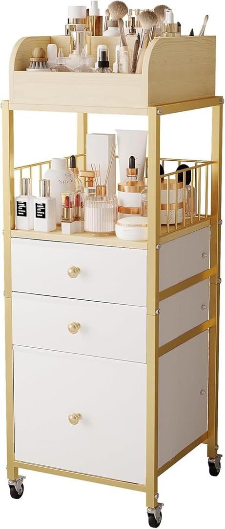 Makeup Organizer Cart with Drawers, Floor Skincare Organizers Make Up Organizers-Vanity Organizer Cosmetic Display Cases Holder for Skin Care Perfume Nail Polish Brush Hair Tool Gold