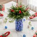 Giegxin 85 Pcs Bule Christmas Centerpiece for Table DIY Farmhouse Xmas Decor for Dinning Table 5 Artificial Pine Branches 70 Vase Filler Balls 8 Red Berries 1 Glass Vase for Kitchen Tabletop Decor (Blue)