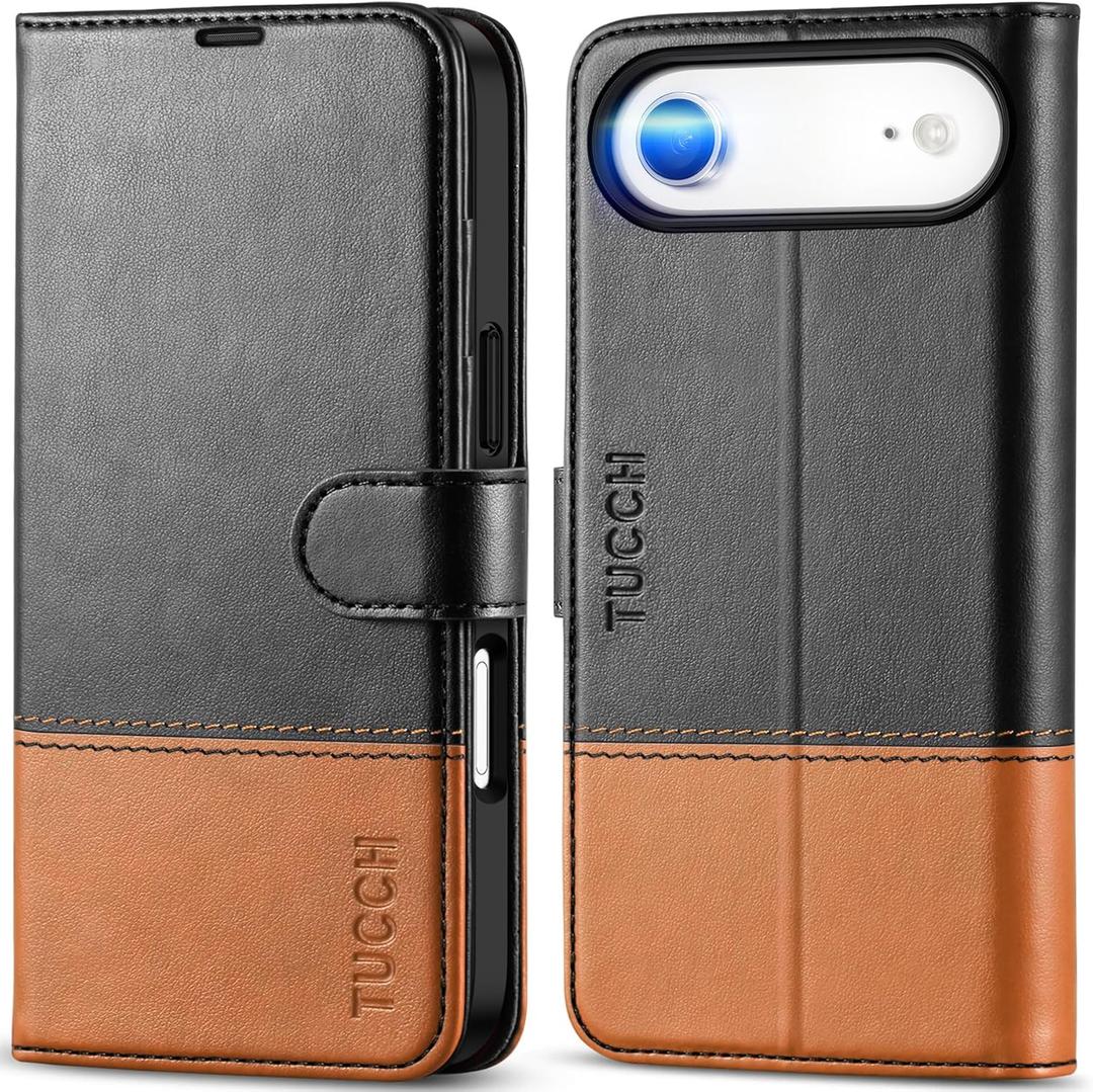 TUCCH Wallet Case for iPhone Air (6.5") 2025, RFID Blocking 4 Card Slots, Kickstand, Shockproof TPU Shell, PU Leather, Magnetic Closure, Protective Flip Folio Cover, Black & Brown