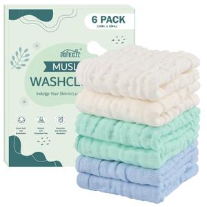 HOMEXCEL Face Wash Cloths 6 Pack, Reusable Makeup Remover Cloths Soft Muslin Washcloths for Sensitive Skin, 10 x 10 Inch Face Towels for Washing (White-Green-Blue)