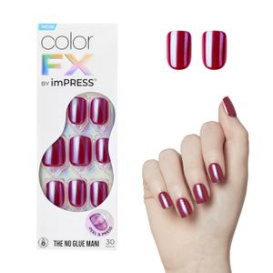 KISS imPRESS No Glue Mani Press On Nails, Color FX, 'This City', Dark Red, Short Size, Squoval Shape, Includes 30 Nails, Prep Pad, Instructions Sheet, 1 Manicure Stick, 1 Mini File