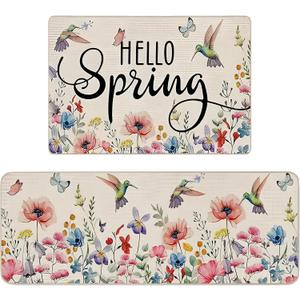 Spring Kitchen Mats Set of 2 Pink Floral Kitchen Rugs Non Slip Washable with Crystal Velvet Kitchen Floor Mats Decor Kitchen Mat Fatigue mats for Standing 16x24 and 16x45.5 Inch (Pink)