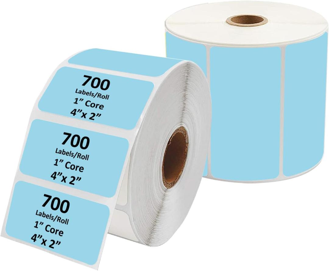 4 x 2 Inches Desktop Thermal Transfer Labels, Blue Color, Ribbon Required, 1 Inch Core, 700 Labels/Roll- 2 Rolls/Case, Perforated, for Desktop Thermal Transfer Printers