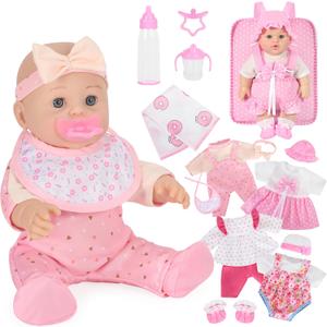 Mastom 12'' Baby Doll Playset with 4 Outfits Backpack, 12 Inch Realistic Baby Dolls with Clothes Backpack and 2 Bottles Bib Quilt Nipple Socks, Pretend Play Baby Doll Gift for Toddlers Girls Age 3+