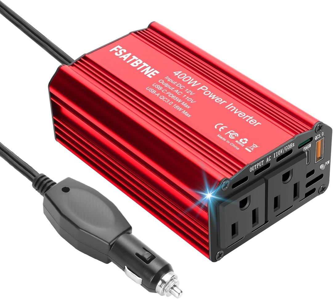 400W Power Inverter, FSATBTNE DC 12V to 110V AC Car Plug Adapter Outlet Converter with [65W PD USB-C] & [18W QC USB-A] Fast Charging Ports and 2 AC Outlets Car Power Inverters for Vehicles (Red)