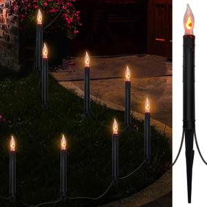 SUNSGNE Halloween Pathway Marker String Lights - 19.5Ft Outdoor Walkway Lights with 10 Black Blood Tears Candle Light Stakes for Lawn, Yard, Sidewalk, Garden Decoration (Clear Flickering Flame)
