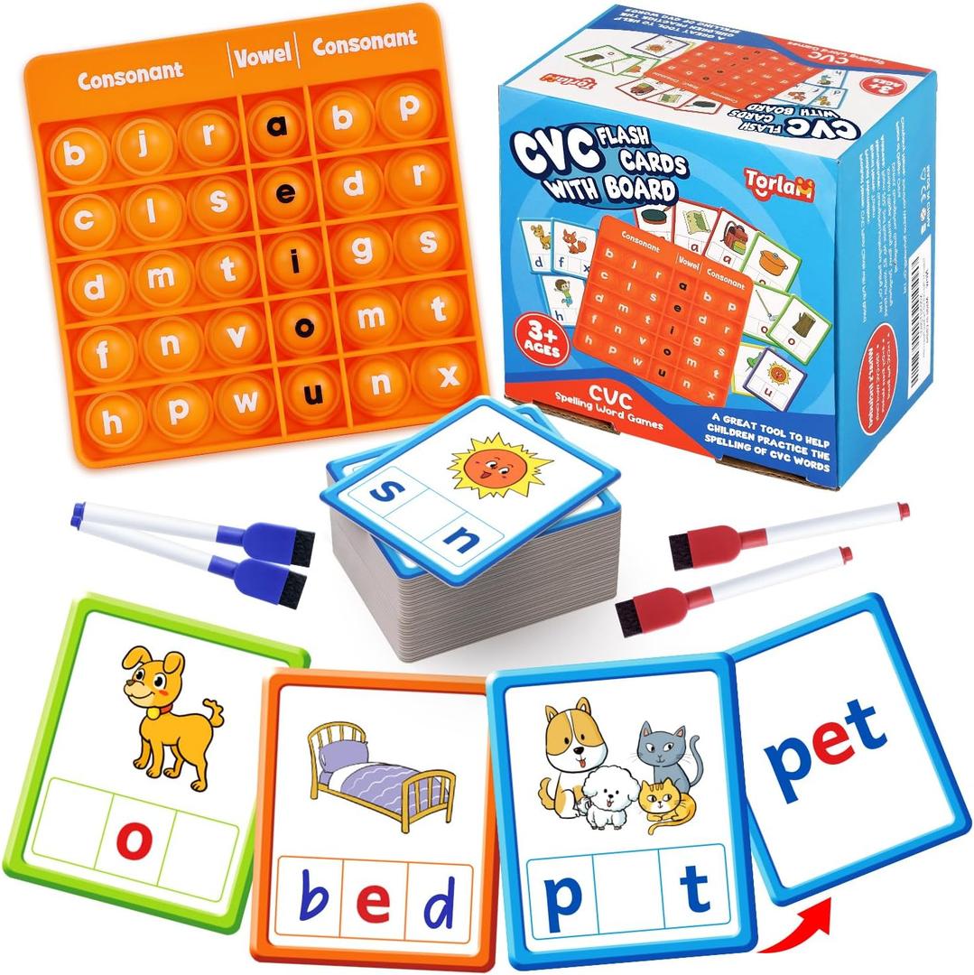 Torlam CVC Word games Phonics Games Sight Words Flash Cards, Spelling Reading Learning Flashcards, Speech Therapy Toy Preschool Kindergarten Classroom Learning Activities Must Have Homeschool Supplies