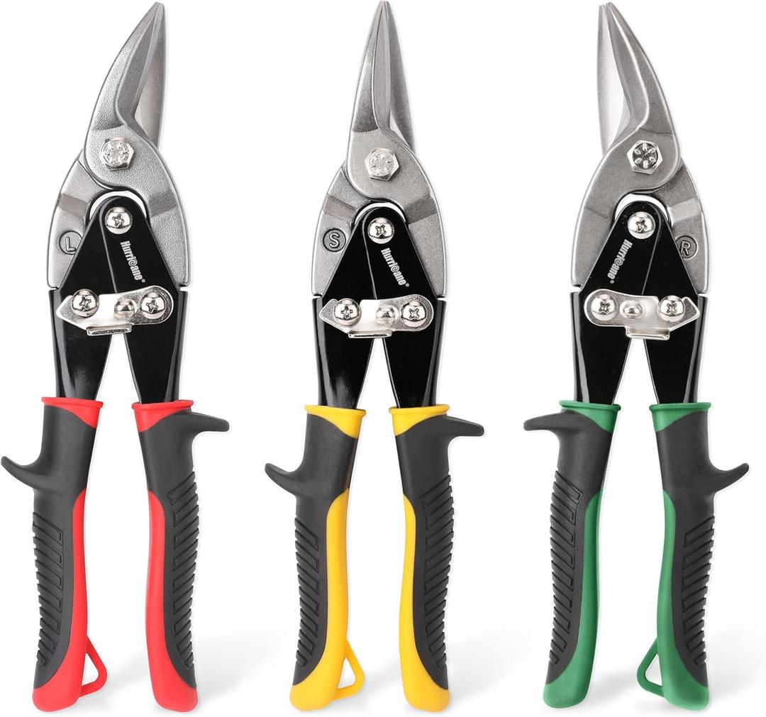 HURRICANE 3 pc Aviation Tin Snips Set, Metal Cutter Shear for Cut Sheet Metal, Chrome Vanadium Steel, Straight Left and Right, Ergonomical TyreGrip Handle with Hang Hole and Safety Latch