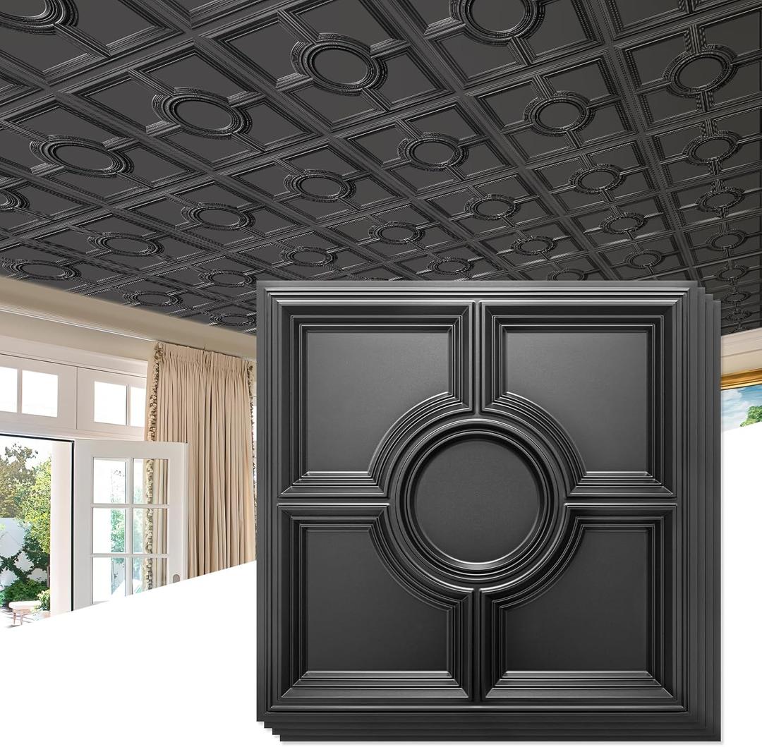 STICKGOO Black Drop Ceiling Tiles 2ft x 2ft, Glue Up Ceiling Panels 24 x 24in, Waterproof, Premium PVC to Prevent Breakage, 12 Pack Cover 48 Sq. Ft