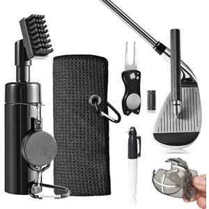 Golf Club Cleaning Kit with Golf Club Cleaner with Water Golf Towel Divot Repair Tool Groove Sharpener Golf Ball Alignment Kit Complete Golf Cleaning Kit Golf Accessories for Women Men (black)