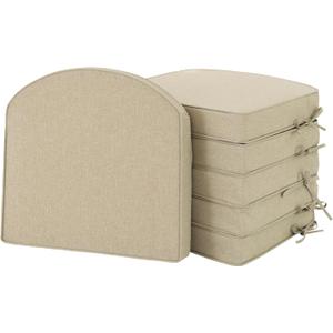 Outdoor Chair Cushions, Fade-Resistant & Water-Resistant, D Shaped Patio Furniture Seat Chair Pads Replacement with Ties, Non-Slip Bottom, Removable Cover, Set of 6, 18.5 x 16 Inch, Natural