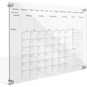 TIANSE Acrylic Dry Erase Board 24" x 18" Wall Calendar Monthly Acrylic Whiteboard Dry Erase Calendar for Office School and Home Walls with 3 Marker Pen