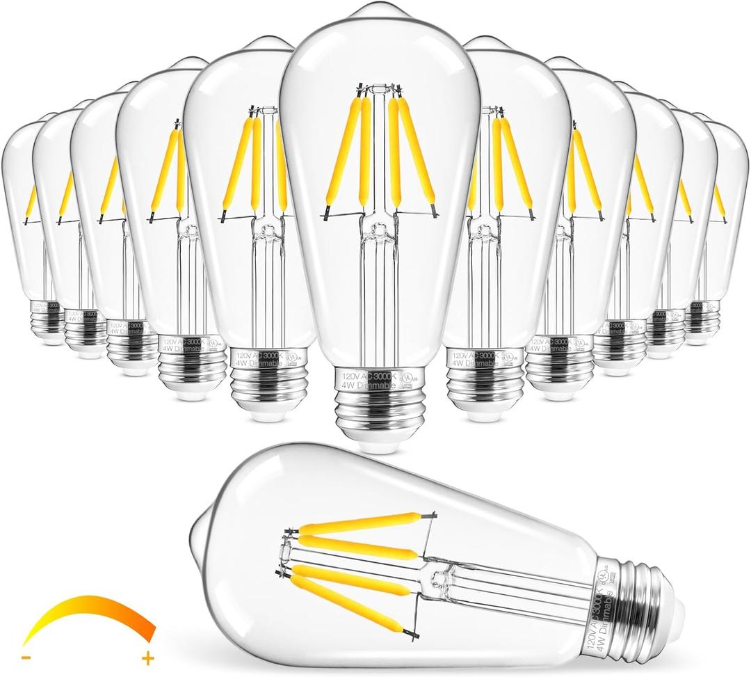 Hizashi LED Edison Bulbs, 4W, Equivalent 40W, Dimmable E26 LED Bulb, 3000K Soft White, 95+ CRI 450 Lumens, ST19 Vintage Light Bulbs, Clear Glass, Pack of 12