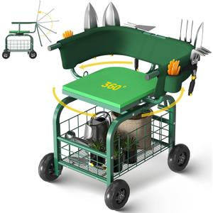 Suntee Garden Seat with Wheels, Rolling Gardening Stool with 360 Swivel Seat & Backrest,Tool Storage Basket & Back Tool Pouch, Adjustable Handle, Outdoor Gardening Scooter, Garden Cart for Seniors