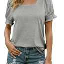 Cnlinkco Plus Size Tops for Women Dressy Cassual Summer Shirts Square Neck Ruffle Short Sleeve T Shirts Vacation Outfit Light Grey, XL