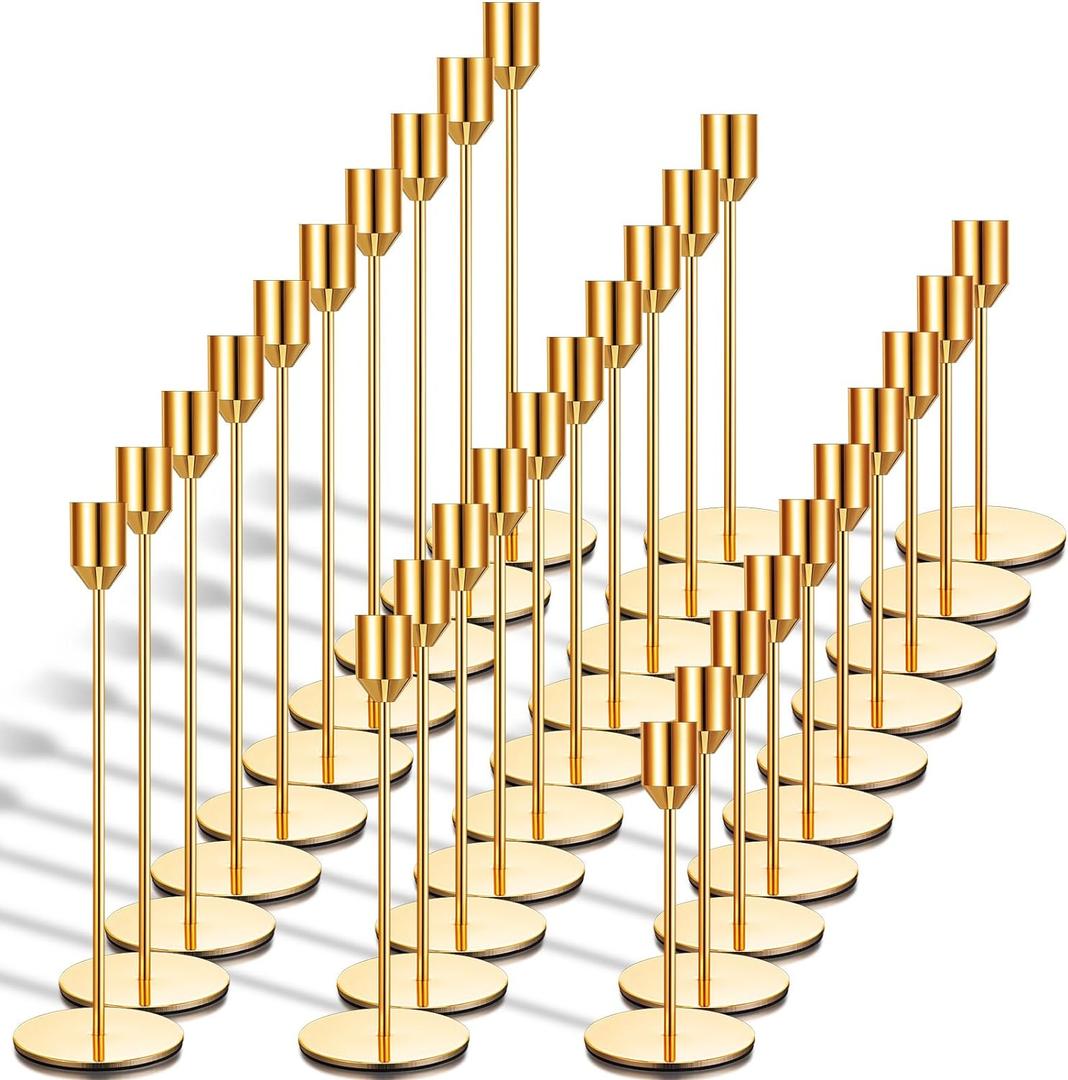Tioncy 30 Pcs Candlestick Holders Bulk 5.7"/7.7"/9.7" Tall, Metal Taper Candle Holders Fit 0.75 Inch Thick Pillar Candle Stick Candelabra Centerpieces Decor for Wedding Party Table(Gold)