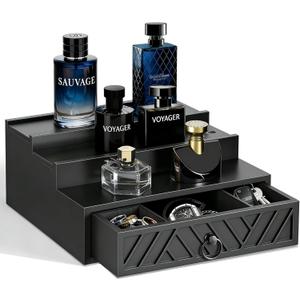 Cologne Organizer for Men, 3 Tier Wood Perfume Organizer with Velvet Lining Drawer and Hidden Compartment, Cologne Perfume Display Holder, Mens Husband Birthday Gifts Ideas,Christmas Gifts for Men