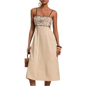 SOLY HUX Women's Midi Dress Embroidery Spaghetti Strap Cut Out A Line Flared Summer Cami Dresses (Medium)