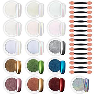 Artdone 16 Colors Chrome Nail Powder, Iridescent Aurora Chameleon Powder Metallic Mirror Effect Pigment Pearlescent Mermaid Pigment Pearl Glitter Dust Kit, Nail Art Decoration, Resin Craft