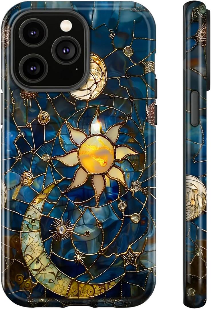 for iPhone 15 Pro Case,Moon Stars Celestial Glass,Dual Layer Soft TPU Hard PC Bumper Case Design,Protective Phone Cover Girls Will Love