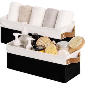 StorageWorks Narrow Storage Bins, Small Basket for Closet and Shelves, Fabric Organizer with Handles, Toilet Paper Storage, Black and White, 2-Pack (15"L x 6"W x 5"H)