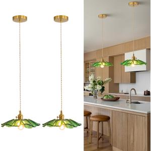 Vintage Pendant Lights Kitchen Island Fixture Glass Hanging Light Green Flower Light 2pack Modern Chandelier Island Lights for Bedroom Kitchen Hallway Bathroom Dinging Room Green Sunflower