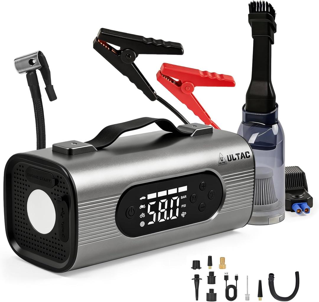 8 in 1 Jump Starter with Air Compressor 2000A Mini Vacuum Cleaner, 12V Batterty Jumper Starter Portable (All Gas/10L Diesel)150PSI Air Pump for Inflation/Deflation Tire Inflator with 4 Modes LED Light