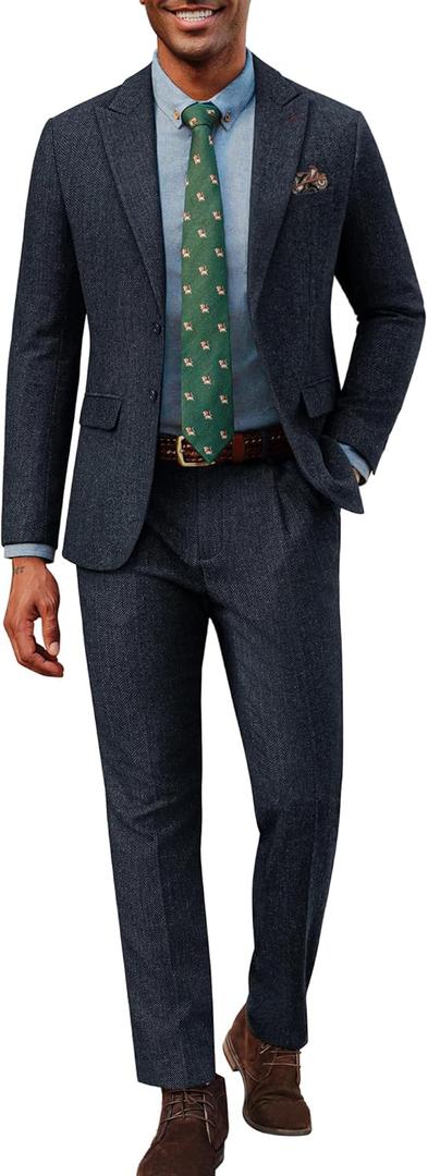 PJ PAUL JONES Mens 2 Piece Suit Vintage Herringbone Tweed Suits 2 Button Peak Lapel Blazer Pants Set (X-Large, Navy Blue)