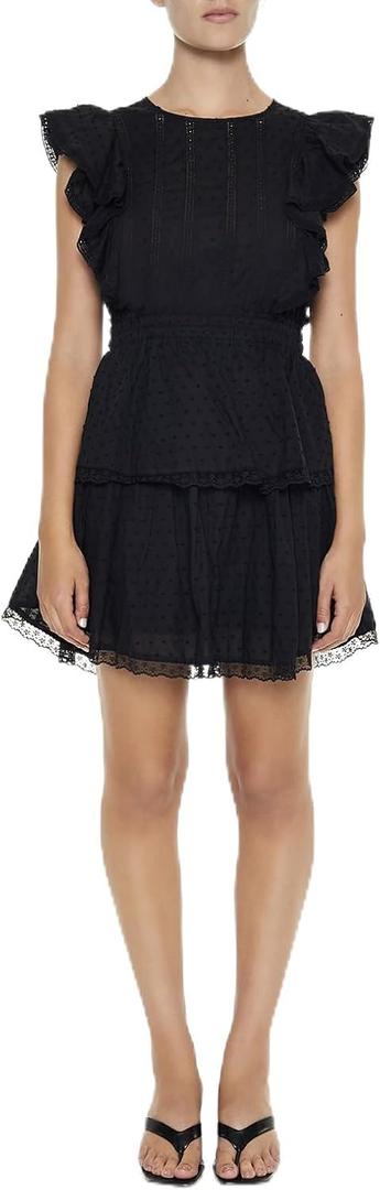 Forever 21 Women's Clip Dot Lace Ruffled Mini Dress (Medium, Black)