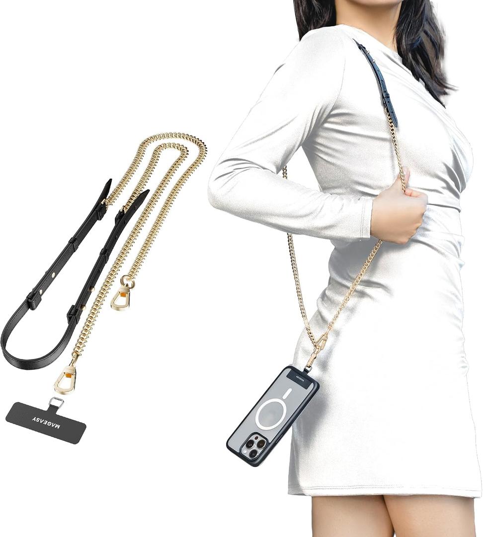 MAGEASY Phone Chain Lanyard Crossbody with Tether Tab & Attachment Clip, Rust-Proof Metal & Leather Strap with 360 Rotatable Buckle Adjustable Length, Chic Strap for iPhone Cell phone (Modern Gold)