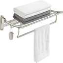 BESy 24 Inch Brushed Nickel Towel Racks, Bathroom Towel Shelf with Foldable Towel Bar Holder and Towel Hooks, Wall Mounted Multifunctional Bathroom Accessories, Double Towel Bars