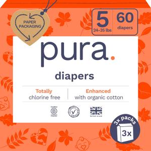 Pura Size 5 EcoFriendly Diapers (2435lbs) Totally Chlorine Free (TCF) Hypoallergenic, Soft Organic Cotton, Sustainable Comfort, 12 Hours Leak Protection, Allergy UK,1 Pack of 20 Diapers