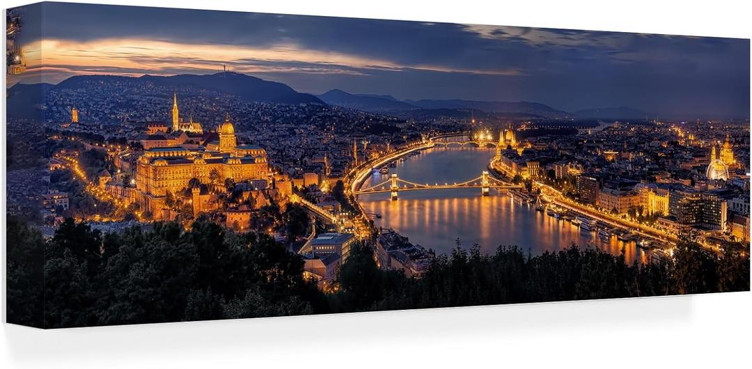 Wrapped Canvas Wall Art - Thomas D Morkeberg 'Panorama Of Budapest' Wall Art for Living Room, Bedroom, or Office Dcor - 16x47