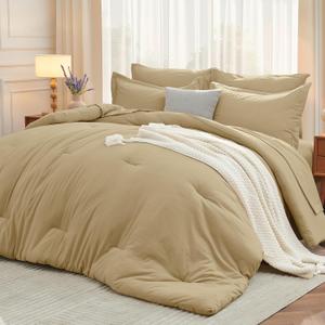 MUXHOMO 7 Pieces Queen Comforter Set, Soft Bed in a Bag Queen Size, All Season Bedding Set with Comforter, Flat Sheet, Fitted Sheet, Pillowcases & Shams, Khaki