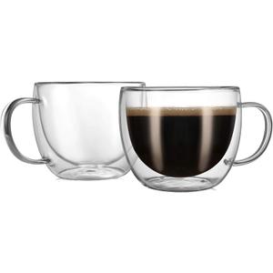 CNGLASS Double Wall Glass Cappuccino Mugs 8.1oz,Clear Insulated Glass Coffee Mug with Handle for Espresso,Latte,Tea,Set of 2