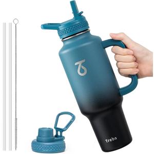 Trebo Insulated Water Bottle 40oz that Fits in Car Cup Holder with Spout Straw Lids, Stainless Steel Bottles Travel Flask with Handle, Metal Reusable Tumbler, Leakproof Keep Cold &Hot,Indigo/Black