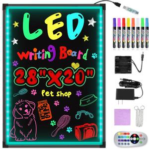 Hosim LED Message Writing Board, 28 x 20" Illuminated Erasable Neon Effect Restaurant Menu Sign with 8 Colors Markers, 7 Colors Flashing Mode DIY Message Chalkboard for Kitchen Wedding Promotions