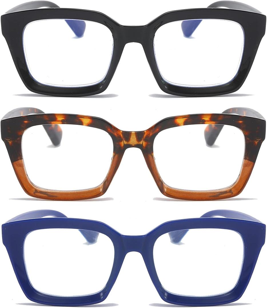 DXYXYO Oprah Style Reading Glasses for Women Blue Light Blocking Men Oversized Square Computer Readers 3 Pack Retro Fashion, 3.75 Magnification (Black+leopar+blue)