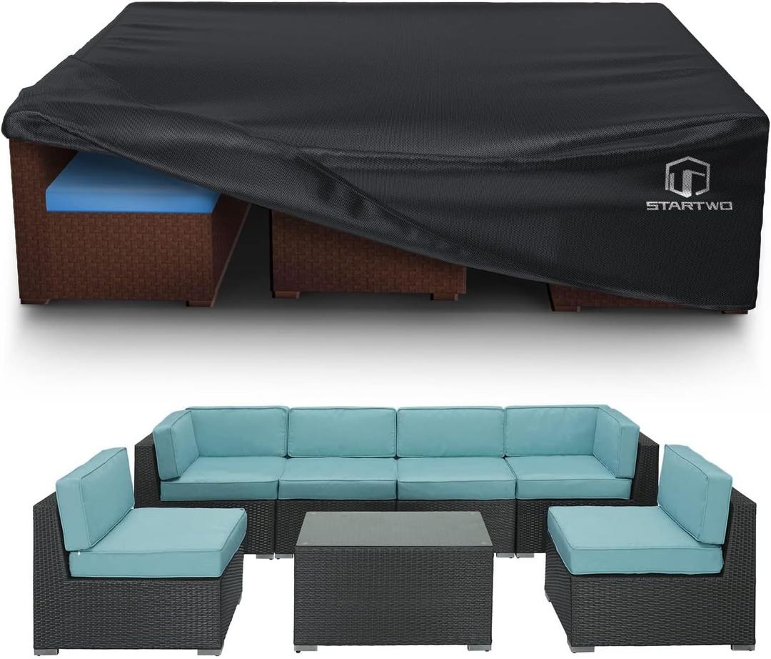 STARTWO Patio Furniture Covers Waterproof, Outdoor Furniture Set Cover for 7-12 Seats Sectional Sofa Table Chairs Anti-UV Tear-Resistant 500D Heavy Duty,110"x84"x28", Black