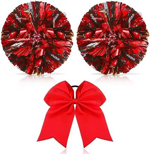 Hanaive 3 Pcs Cheerleading Pom Poms and Large Cheerleader Hair Bow Metallic Cheer Supplies for Team Spirit Sports Dance Cheering