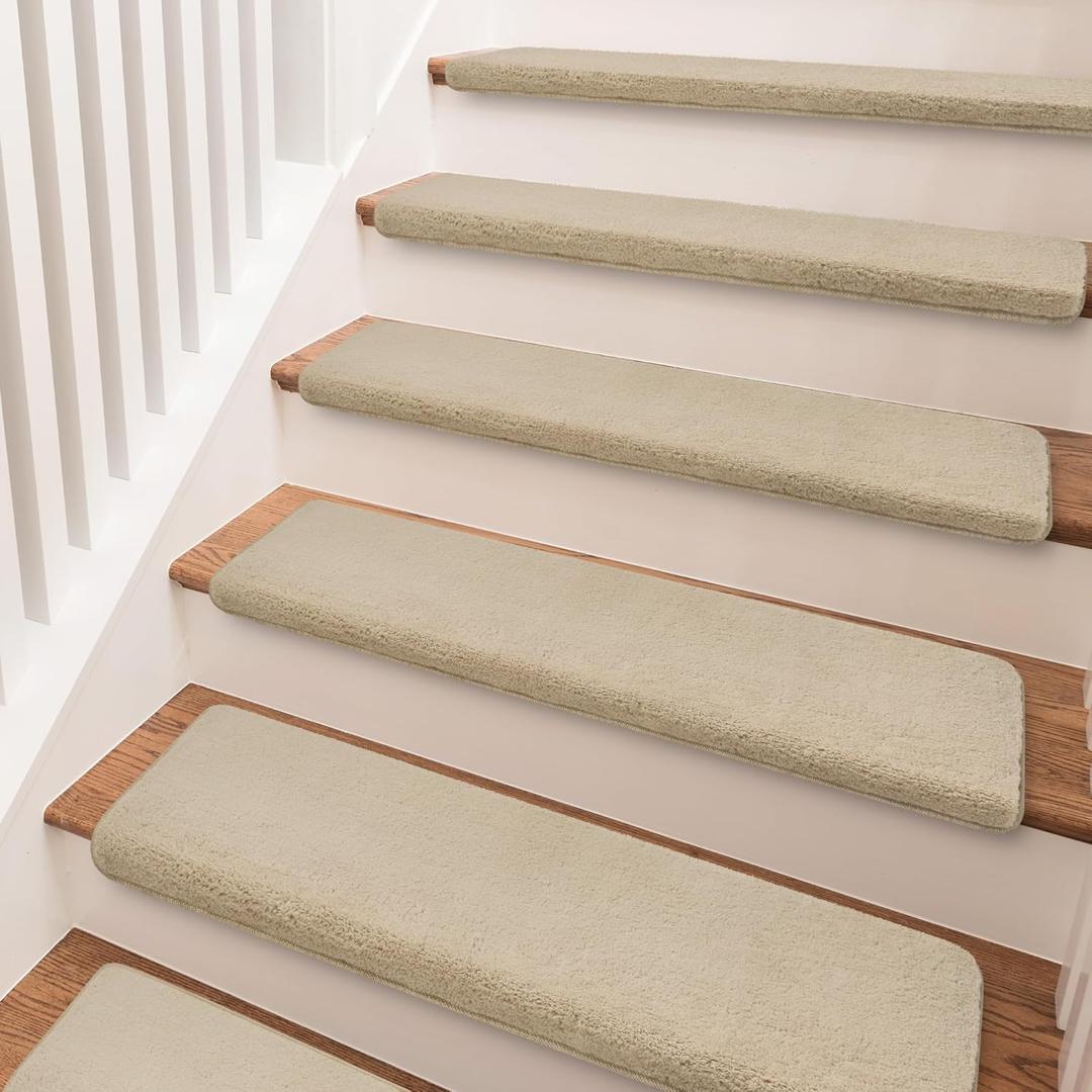 PURE ERA Carpet Stair Treads Ultra Plush 9.5" X 30"Soft Bullnose Indoor Stair Protectors Pet-Friendly Non-Slip Skid Resistant Tape Free Washable Reusable(14 Pieces,Beige)