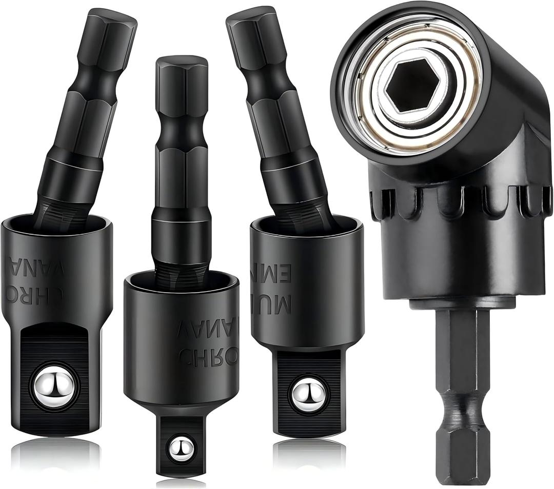 Right Angle Drill 105 Degree Right Angle Screwdriver set Drill Hex Bit Socket Adapter,360°Rotatable 3Pcs 1/4" 3/8" 1/2" Cr-V Hex Shank Impact Grade Driver Socket Adapter/Extension Set Drill Bit