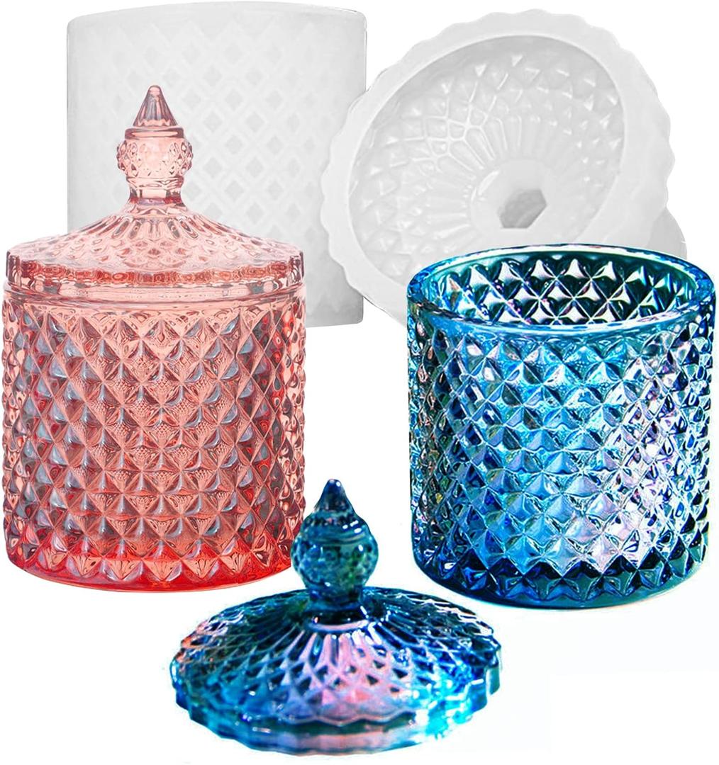Box Resin Mold with Lid, Silicone Jar Resin Mold 3D Storage Jewelry Candle Holder Container Mould for Resin Casting Concrete Craft Decor (Diamond-Shaped)