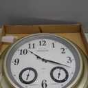 Presentime & Co 24" Jameson Illuminated in/Outdoor Clock, Modern Farmhouse, Self-Illuminated, Waterproof, Weather Station (Thermometer & Hygrometer), Metal Clock, Morning Silver. (Night Light)