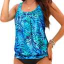 Yonique Blouson Tankini Swim Top for Women Loose Fit Floral Printed Modest  (Large, Green Leaf Tankini)