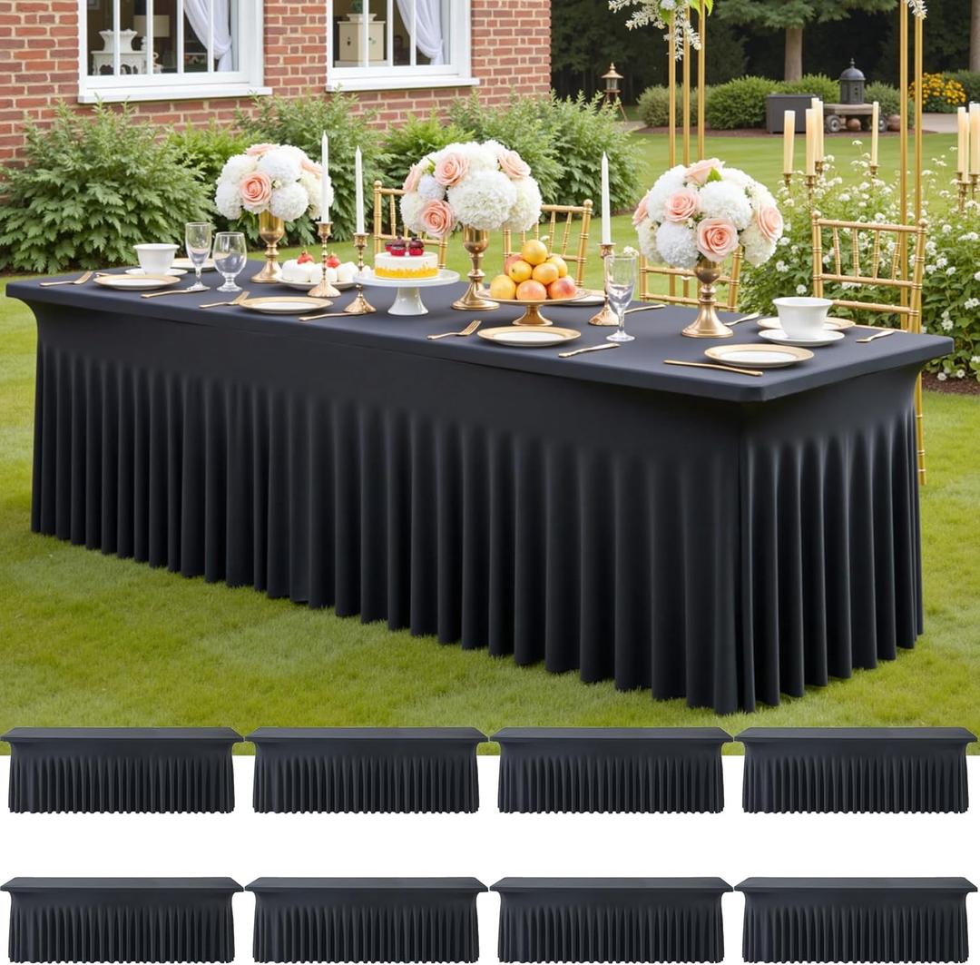 8 Pack Spandex Black Table Clothes for 8 Foot Rectangle Tables, Wrinkle Free Stretch Table Cloths 8FT, Fitted Table Cover Desk Skirt for Parties Weddings Birthday Banquet Events
