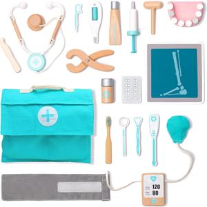 UMU Wooden Doctor Kit for Kids  18 pcs Doctor and Dentist Play Set for Toddlers with Stethoscope, Syringe, Tooth Model & More  Medical Pretend Play Toy for Boys and Girls Ages 3 4 5 6